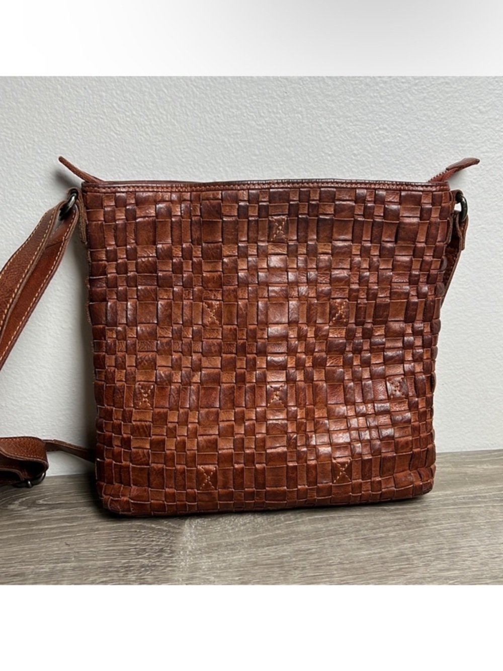 Anthropologie Vilenca Holland Woven Leather Cognac Crossbody Bag